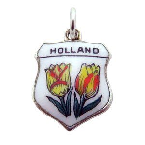 Vintage 800 Silver Holland Tulip Flowers Enamel Shield Travel Souvenir Charm